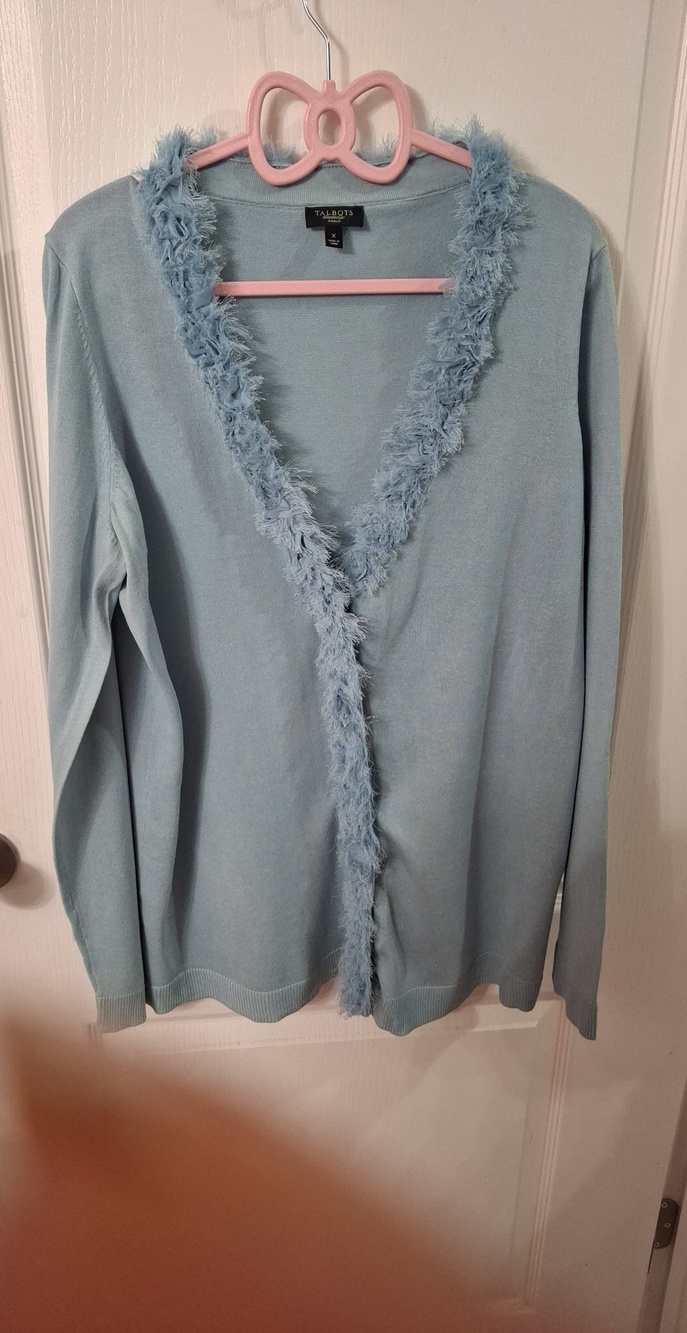 Talbots Light Blue V-Neck Faux-Fur Trim Sweater  Size X Or 12W
